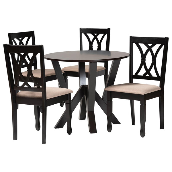Baxton Studio Baxton Studio Irene Modern 5-Piece Dining Set – Stylish Round Table & Foam-Padded Chairs for Cozy Spaces Maddie-Sand/Dark Brown-5PC Dining Set