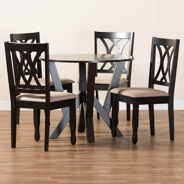 Baxton Studio Baxton Studio Irene Modern 5-Piece Dining Set – Stylish Round Table & Foam-Padded Chairs for Cozy Spaces Maddie-Sand/Dark Brown-5PC Dining Set