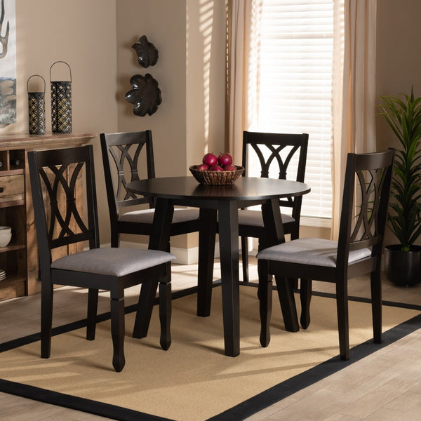 Baxton Studio Baxton Millie 5-Piece Modern Dining Set, Grey Upholstered Chairs & Round Table with Dark Wood Finish Millie-Grey/Dark Brown-5PC Dining Set