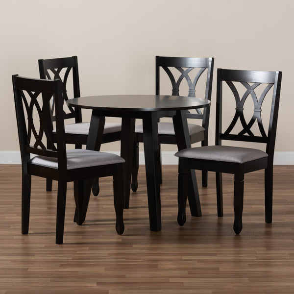 Baxton Studio Baxton Millie 5-Piece Modern Dining Set, Grey Upholstered Chairs & Round Table with Dark Wood Finish Millie-Grey/Dark Brown-5PC Dining Set