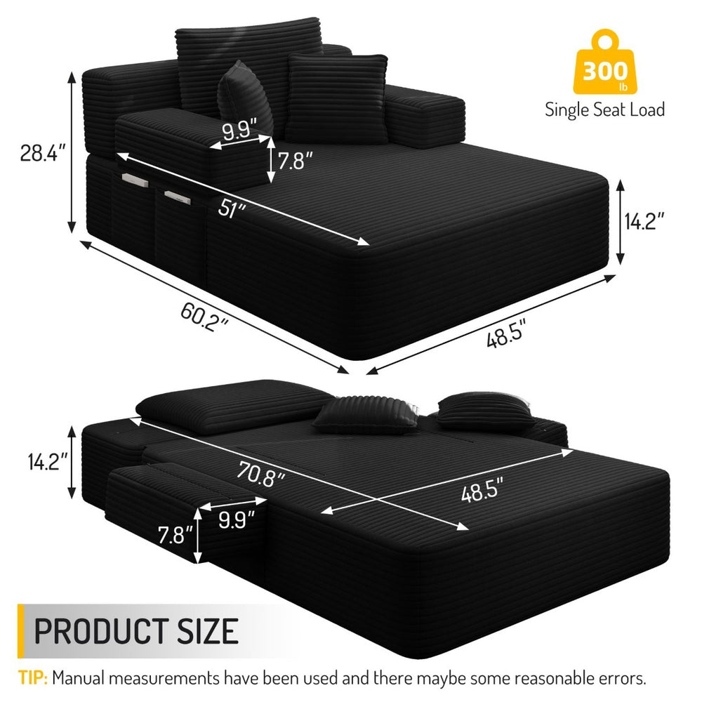 English Elm Luxurious Corduroy Convertible Chaise Lounge Sofa Bed with Foam Support for Apartments Black W3219P449015