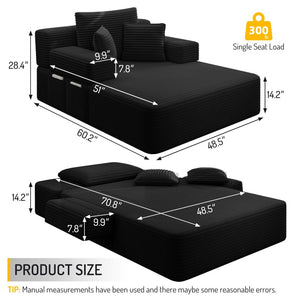 English Elm Luxurious Corduroy Convertible Chaise Lounge Sofa Bed with Foam Support for Apartments Black W3219P449015