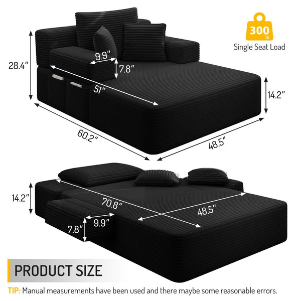 English Elm Luxurious Corduroy Convertible Chaise Lounge Sofa Bed with Foam Support for Apartments Black W3219P449015