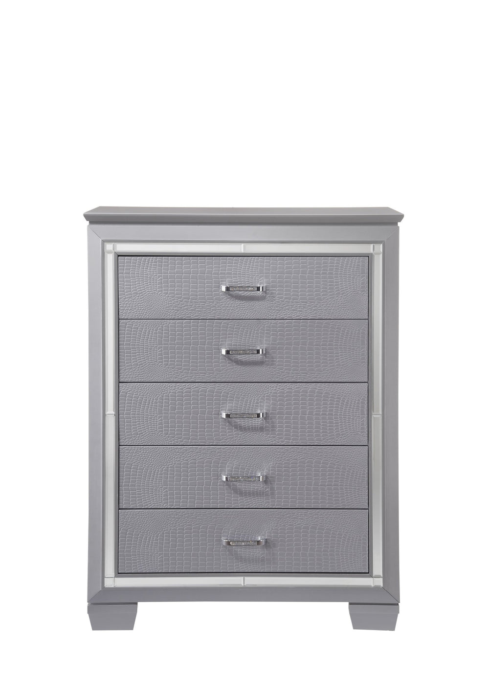 English Elm 1pc Modern Five Drawer Tall Chest with Beveled Mirror, Faux Crystal Hardware, Croc-Embossed Finish Silver 40.94 L x 20.43 W x 55.43 H B2741P326188