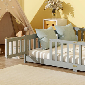 English Elm Full Size Rubberwood Floor Bed with Safety Guardrails and Latching Door for Toddlers Grey W504P429296