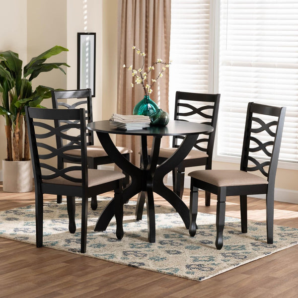 Baxton Studio Baxton Studio Aspen Modern 5-Piece Dining Set with Round Table & Plush Chairs for Stylish Comfort Lia-Sand/Dark Brown-5PC Dining Set
