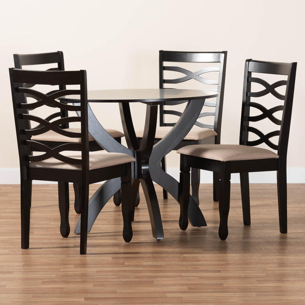 Baxton Studio Baxton Studio Aspen Modern 5-Piece Dining Set with Round Table & Plush Chairs for Stylish Comfort Lia-Sand/Dark Brown-5PC Dining Set
