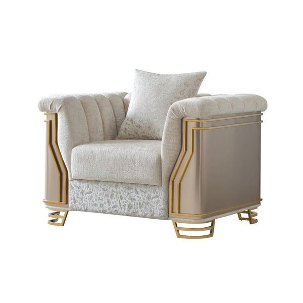 English Elm Chateau Three Piece Living Room Sofa Set Cream Upholstery Gold Steel Legs Glam B009S02179