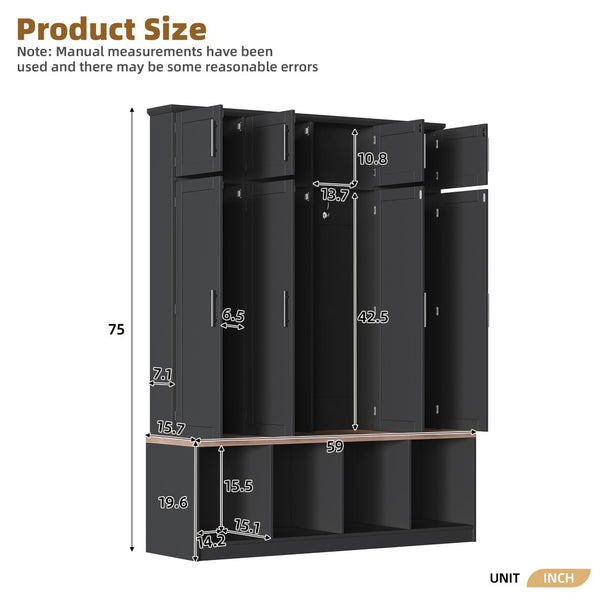 English Elm Farmhouse Hall Tree with Triple Arch Back Panel Eight Hooks Drawers and Entryway Bench Black N721S000059B-1