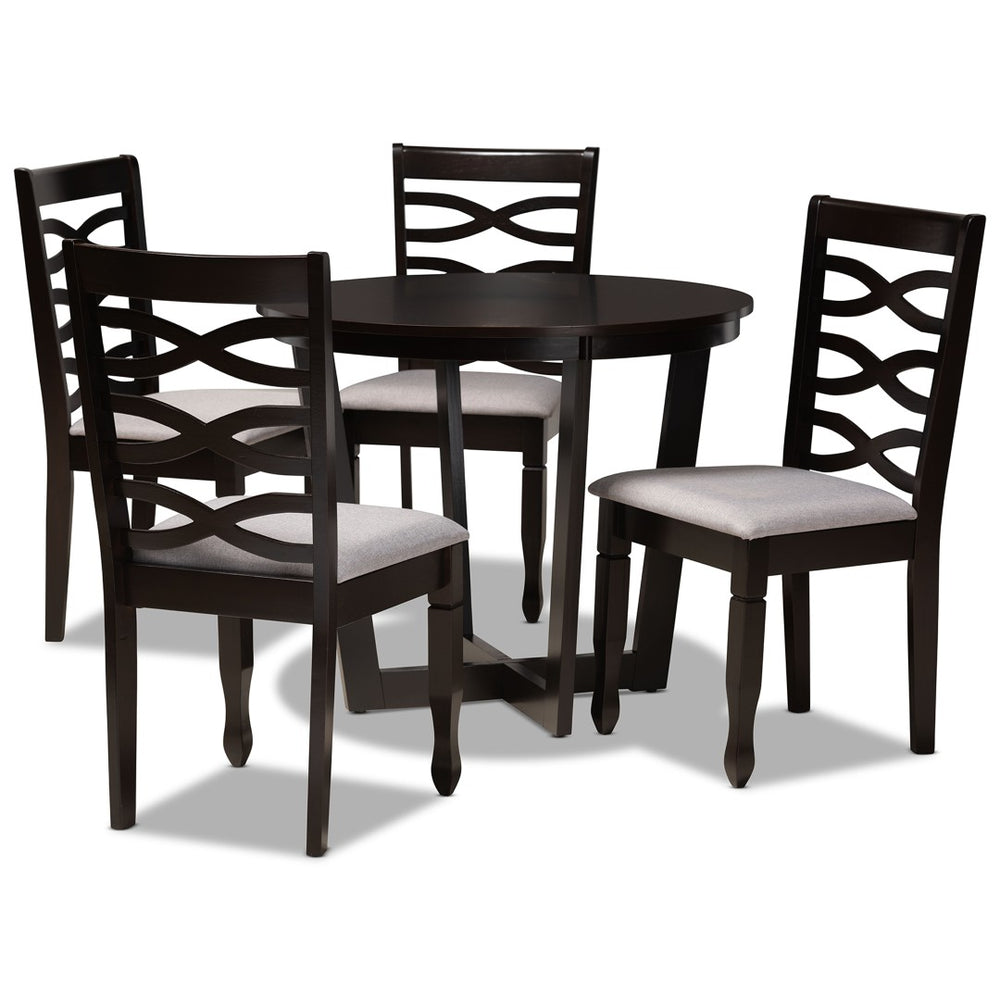 Baxton Studio Baxton Leda 5-Piece Modern Dining Set with Grey Fabric Chairs & Round Table, Elegant Comfort & Style Leda-Grey/Dark Brown-5PC Dining Set