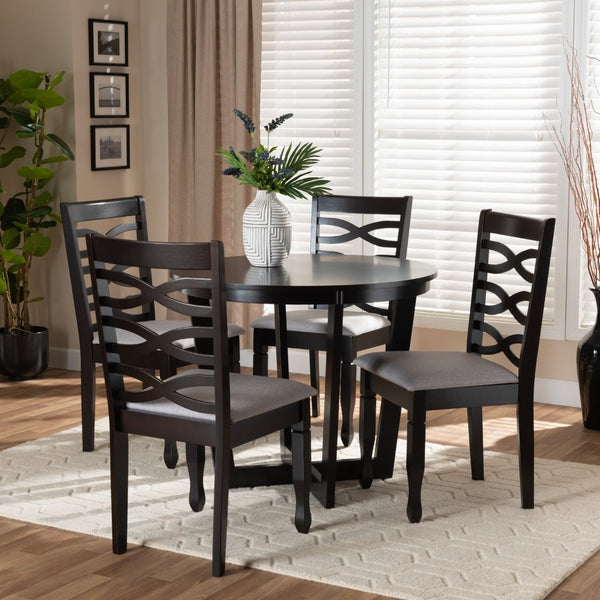 Baxton Studio Baxton Leda 5-Piece Modern Dining Set with Grey Fabric Chairs & Round Table, Elegant Comfort & Style Leda-Grey/Dark Brown-5PC Dining Set