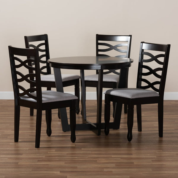 Baxton Studio Baxton Leda 5-Piece Modern Dining Set with Grey Fabric Chairs & Round Table, Elegant Comfort & Style Leda-Grey/Dark Brown-5PC Dining Set