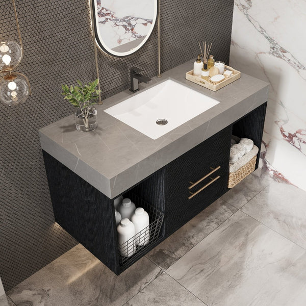 English Elm 39.4 Inch Floating Bathroom Vanity Sintered Stone Top Solid Wood 2 Soft Close Drawers W3136S00037