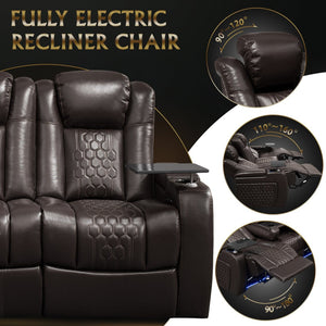 English Elm 86.6"power Recliner Set Genuine Nappa Leather Home Theater Rgb Lighting Usb Charging Coffee W3819S00101