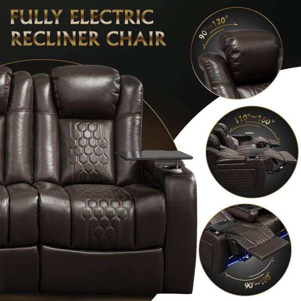 English Elm 86.6"power Recliner Set Genuine Nappa Leather Home Theater Rgb Lighting Usb Charging Coffee W3819S00101