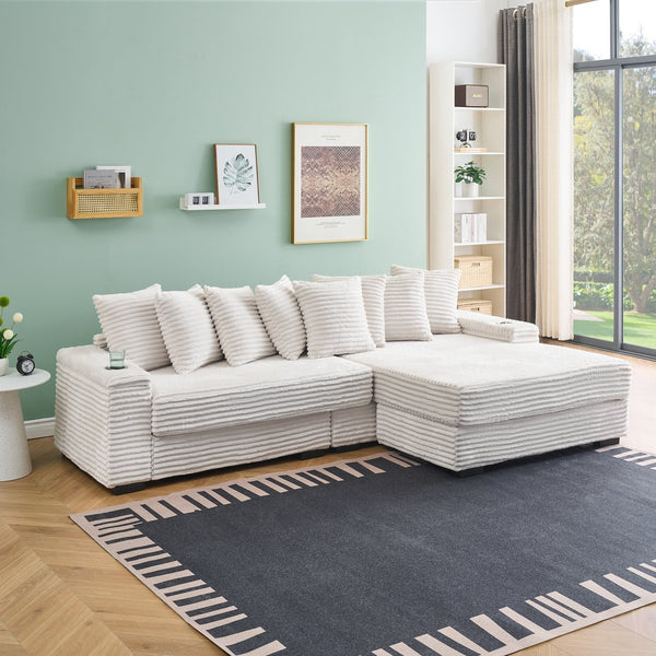 English Elm 111.4-inch corduroy L-shaped sofa with reversible chaise, armrest cup holders, lockers, sturdy frame Beige W1278S00103