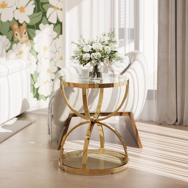 English Elm 19.69'' Round Chrome Side Table Dual Tier Gray Tempered Glass Glam Modern Accent W757P412810