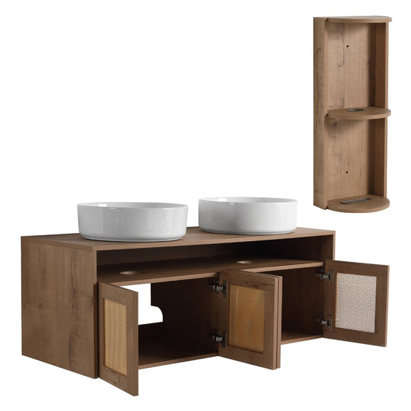 English Elm 48" Floating Bathroom Vanity Dual Ceramic Vessel Sinks Oak Finish Soft Close Doors W999S00504