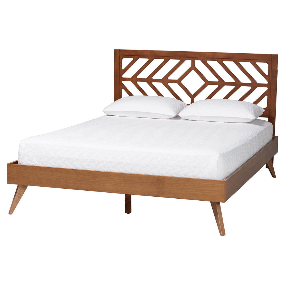 Baxton Studio Baxton Chinedu Platform Bed With Laser-Cut Geometric Headboard, Adjustable Heights, Mid-Century Style Chinedu-Ash Walnut-Queen