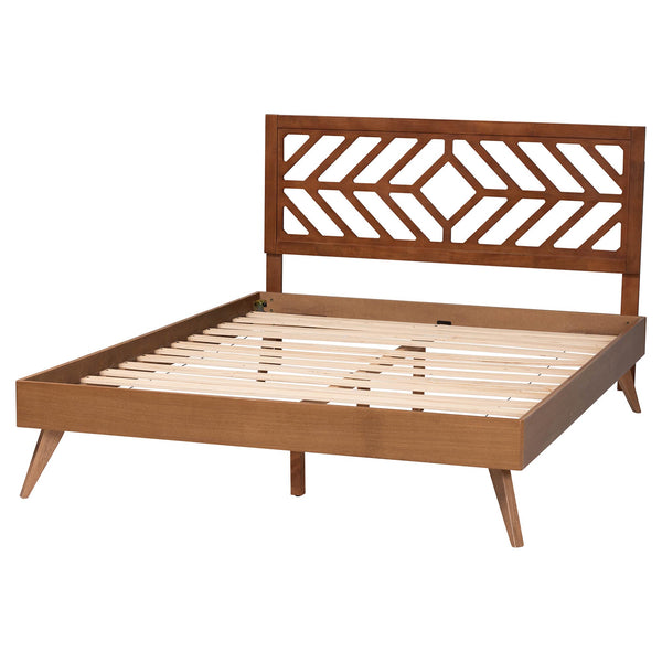 Baxton Studio Baxton Chinedu Platform Bed With Laser-Cut Geometric Headboard, Adjustable Heights, Mid-Century Style Chinedu-Ash Walnut-Queen