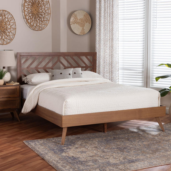 Baxton Studio Baxton Chinedu Platform Bed With Laser-Cut Geometric Headboard, Adjustable Heights, Mid-Century Style Chinedu-Ash Walnut-Queen