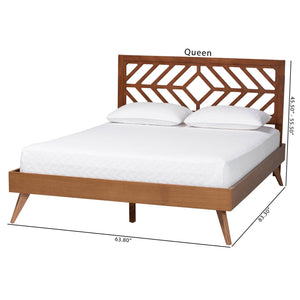 Baxton Studio Baxton Chinedu Platform Bed With Laser-Cut Geometric Headboard, Adjustable Heights, Mid-Century Style Chinedu-Ash Walnut-Queen