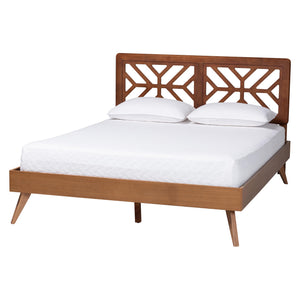 Baxton Studio Baxton Zola Platform Bed With Laser‑Cut Geometric Headboard, Tapered Legs, Sturdy Slat Support 63.80" W x 83.30" D x 44.00"-54.00" H Kirabo-Ash Walnut-Queen