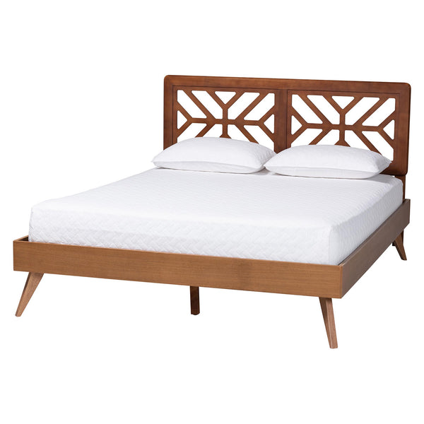 Baxton Studio Baxton Zola Platform Bed With Laser‑Cut Geometric Headboard, Tapered Legs, Sturdy Slat Support 63.80" W x 83.30" D x 44.00"-54.00" H Kirabo-Ash Walnut-Queen
