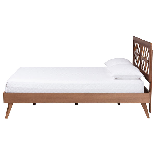 Baxton Studio Baxton Zola Platform Bed With Laser‑Cut Geometric Headboard, Tapered Legs, Sturdy Slat Support 63.80" W x 83.30" D x 44.00"-54.00" H Kirabo-Ash Walnut-Queen