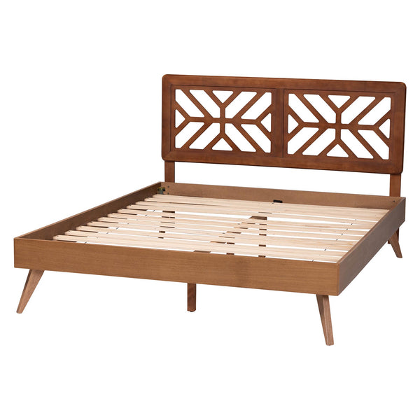Baxton Studio Baxton Zola Platform Bed With Laser‑Cut Geometric Headboard, Tapered Legs, Sturdy Slat Support 63.80" W x 83.30" D x 44.00"-54.00" H Kirabo-Ash Walnut-Queen