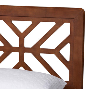 Baxton Studio Baxton Zola Platform Bed With Laser‑Cut Geometric Headboard, Tapered Legs, Sturdy Slat Support 63.80" W x 83.30" D x 44.00"-54.00" H Kirabo-Ash Walnut-Queen