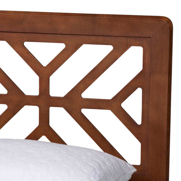 Baxton Studio Baxton Zola Platform Bed With Laser‑Cut Geometric Headboard, Tapered Legs, Sturdy Slat Support 63.80" W x 83.30" D x 44.00"-54.00" H Kirabo-Ash Walnut-Queen