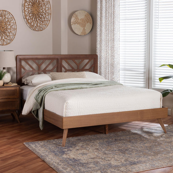 Baxton Studio Baxton Zola Platform Bed With Laser‑Cut Geometric Headboard, Tapered Legs, Sturdy Slat Support 63.80" W x 83.30" D x 44.00"-54.00" H Kirabo-Ash Walnut-Queen