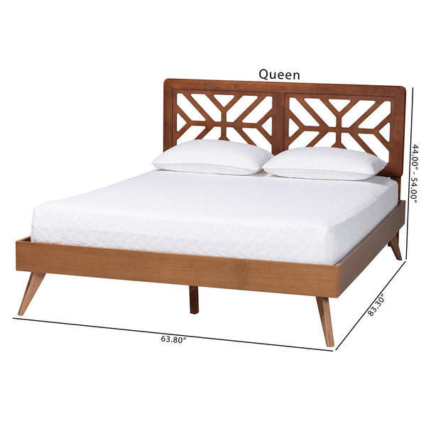 Baxton Studio Baxton Zola Platform Bed With Laser‑Cut Geometric Headboard, Tapered Legs, Sturdy Slat Support 63.80" W x 83.30" D x 44.00"-54.00" H Kirabo-Ash Walnut-Queen