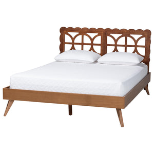 Baxton Studio Baxton Shukura Platform Bed With Laser-Cut Geometric Headboard, Scalloped Edging, Queen, Storage Shukura-Ash Walnut-Queen