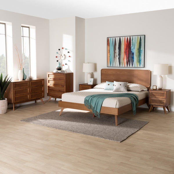 Baxton Studio Baxton Studio Demeter Mid-Century Modern Walnut Bedroom Set with Rattan Accents and Storage Solutions Full 5-Piece Demeter-Ash Walnut-Full 5PC Bedroom Set