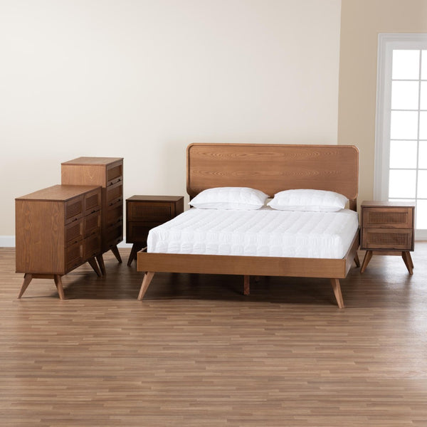 Baxton Studio Baxton Studio Demeter Mid-Century Modern Walnut Bedroom Set with Rattan Accents and Storage Solutions Full 5-Piece Demeter-Ash Walnut-Full 5PC Bedroom Set