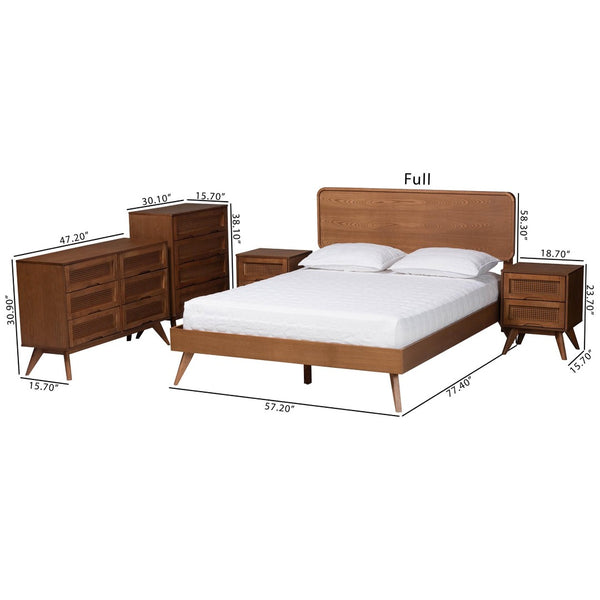 Baxton Studio Baxton Studio Demeter Mid-Century Modern Walnut Bedroom Set with Rattan Accents and Storage Solutions Full 5-Piece Demeter-Ash Walnut-Full 5PC Bedroom Set