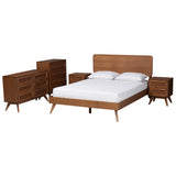 Demeter Mid-Century Modern Walnut Brown Finished Wood Size 5-Piece Bedroom Set