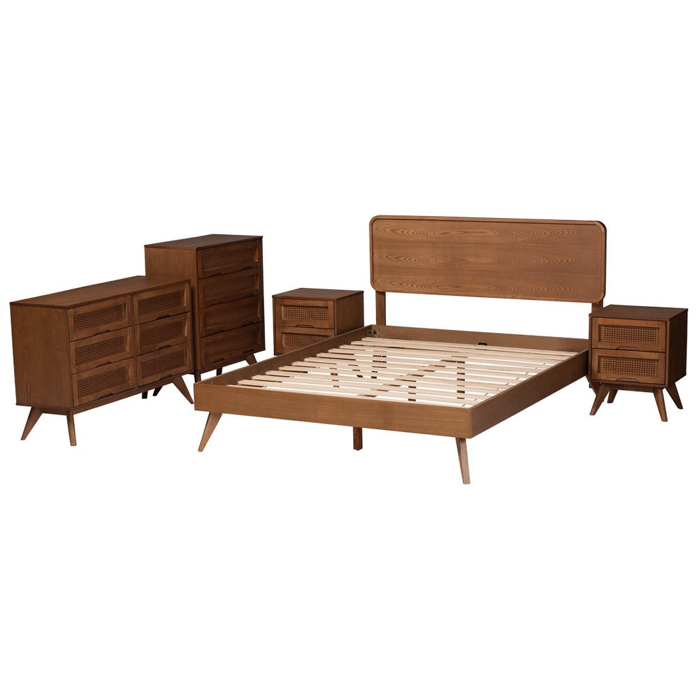 Baxton Studio Baxton Studio Demeter Mid-Century Modern Walnut Bedroom Set with Rattan Accents and Storage Solutions Full 5-Piece Demeter-Ash Walnut-Full 5PC Bedroom Set