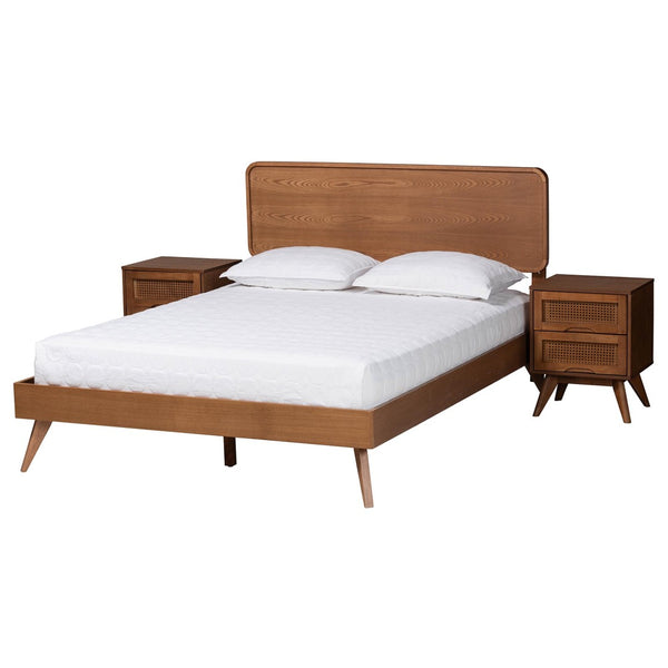 Baxton Studio Baxton Studio Demeter Mid-Century Modern Walnut Bedroom Set with Rattan Accents and Storage Solutions King 3-Piece Demeter-Ash Walnut-King 3PC Bedroom Set