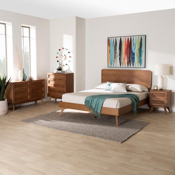 Baxton Studio Baxton Studio Demeter Mid-Century Modern Walnut Bedroom Set with Rattan Accents and Storage Solutions King 4-Piece Demeter-Ash Walnut-King 4PC Bedroom Set