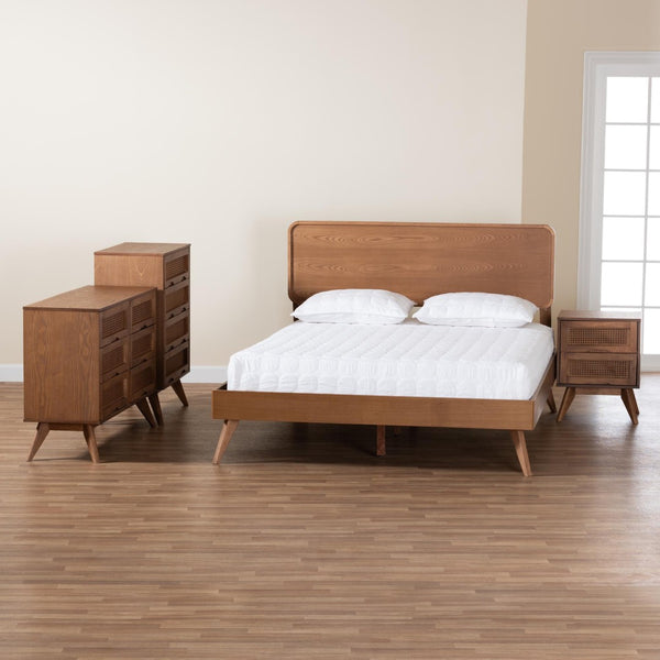 Baxton Studio Baxton Studio Demeter Mid-Century Modern Walnut Bedroom Set with Rattan Accents and Storage Solutions King 4-Piece Demeter-Ash Walnut-King 4PC Bedroom Set