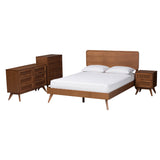 Demeter Mid-Century Modern Walnut Brown Finished Wood Size 4-Piece Bedroom Set