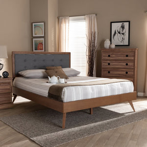Baxton Studio Baxton Studio Mid-Century Modern Full Size Platform Bed with Upholstered Headboard & Walnut Finish Ines Dark King Ines-Dark Grey/Ash Walnut-King