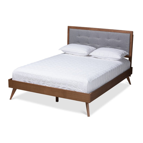 Baxton Studio Baxton Studio Mid-Century Modern Light Grey Upholstered Queen Platform Bed with Walnut Finish Ines King Ines-Light Grey/Ash Walnut-King