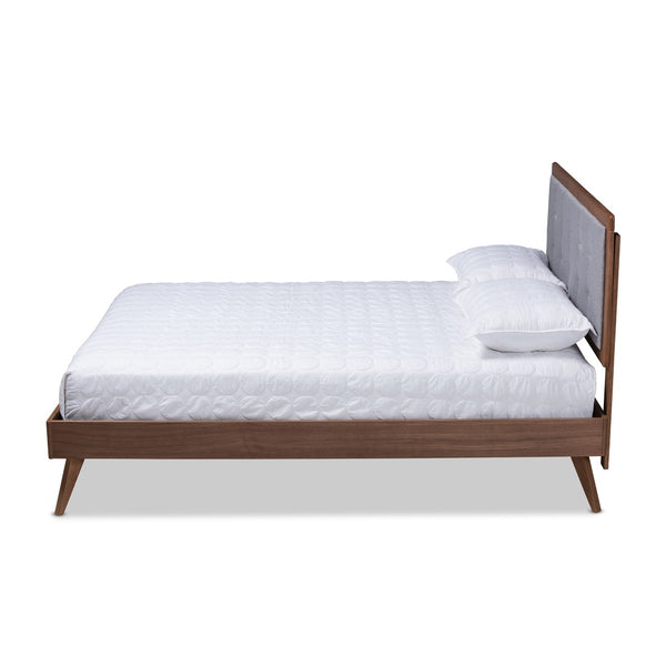 Baxton Studio Baxton Studio Mid-Century Modern Light Grey Upholstered Queen Platform Bed with Walnut Finish Ines King Ines-Light Grey/Ash Walnut-King