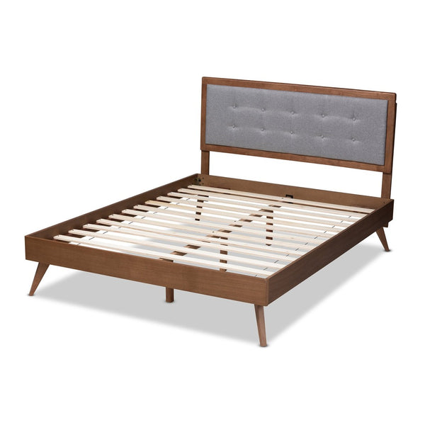 Baxton Studio Baxton Studio Mid-Century Modern Light Grey Upholstered Queen Platform Bed with Walnut Finish Ines King Ines-Light Grey/Ash Walnut-King