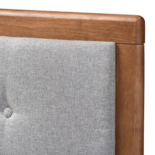 Baxton Studio Baxton Studio Mid-Century Modern Light Grey Upholstered Queen Platform Bed with Walnut Finish Ines King Ines-Light Grey/Ash Walnut-King