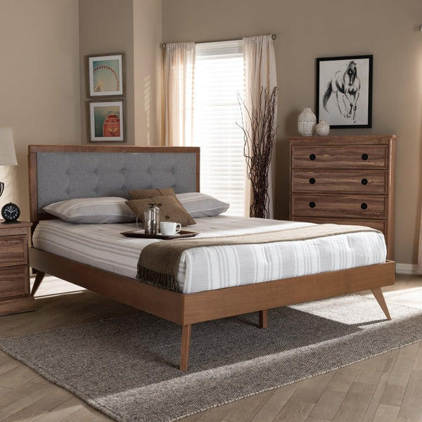 Baxton Studio Baxton Studio Mid-Century Modern Light Grey Upholstered Queen Platform Bed with Walnut Finish Ines King Ines-Light Grey/Ash Walnut-King